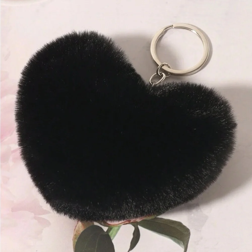 Fluffy Black Heart Keychain Keyring BRAND NEW Stocking Stuffer - Picture 2 of 6